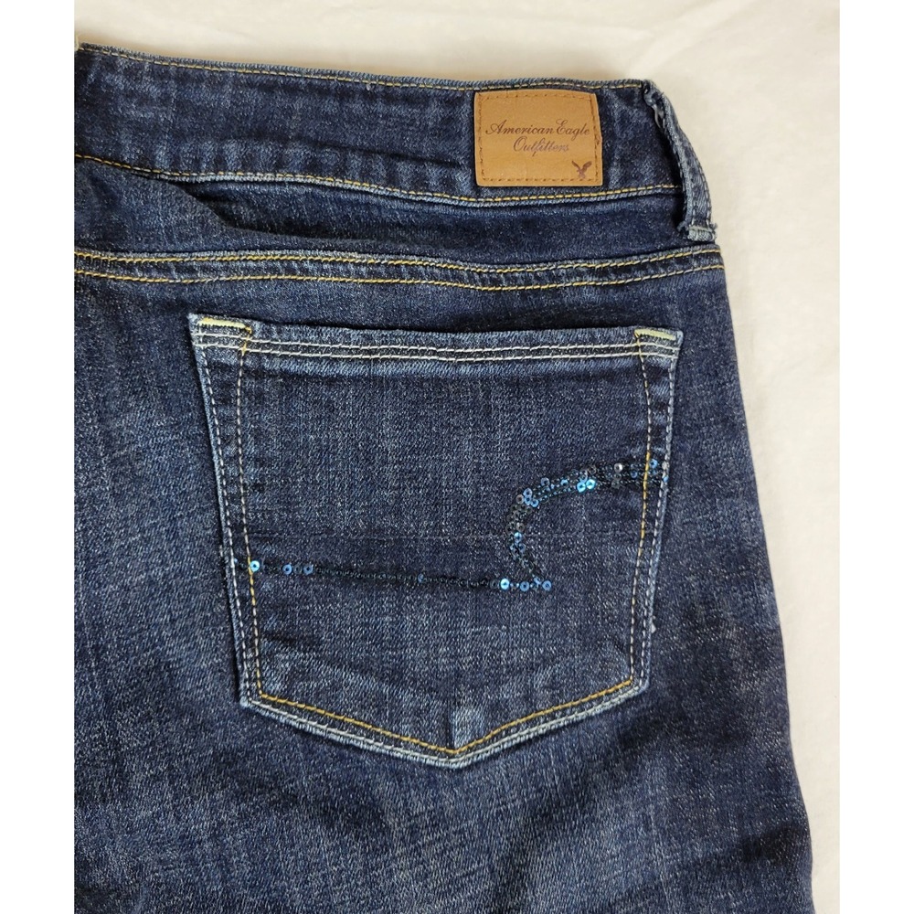 American Eagle Skinny Kick Jeans Womens 12 Reg Dark Wash Sequin Pocket Stretch - Picture 7 of 9